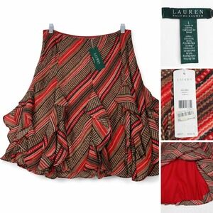 NEW Lauren Ralph Lauren Skirt Womens L Red Brown Striped Ruffle Flowy Boho Chic